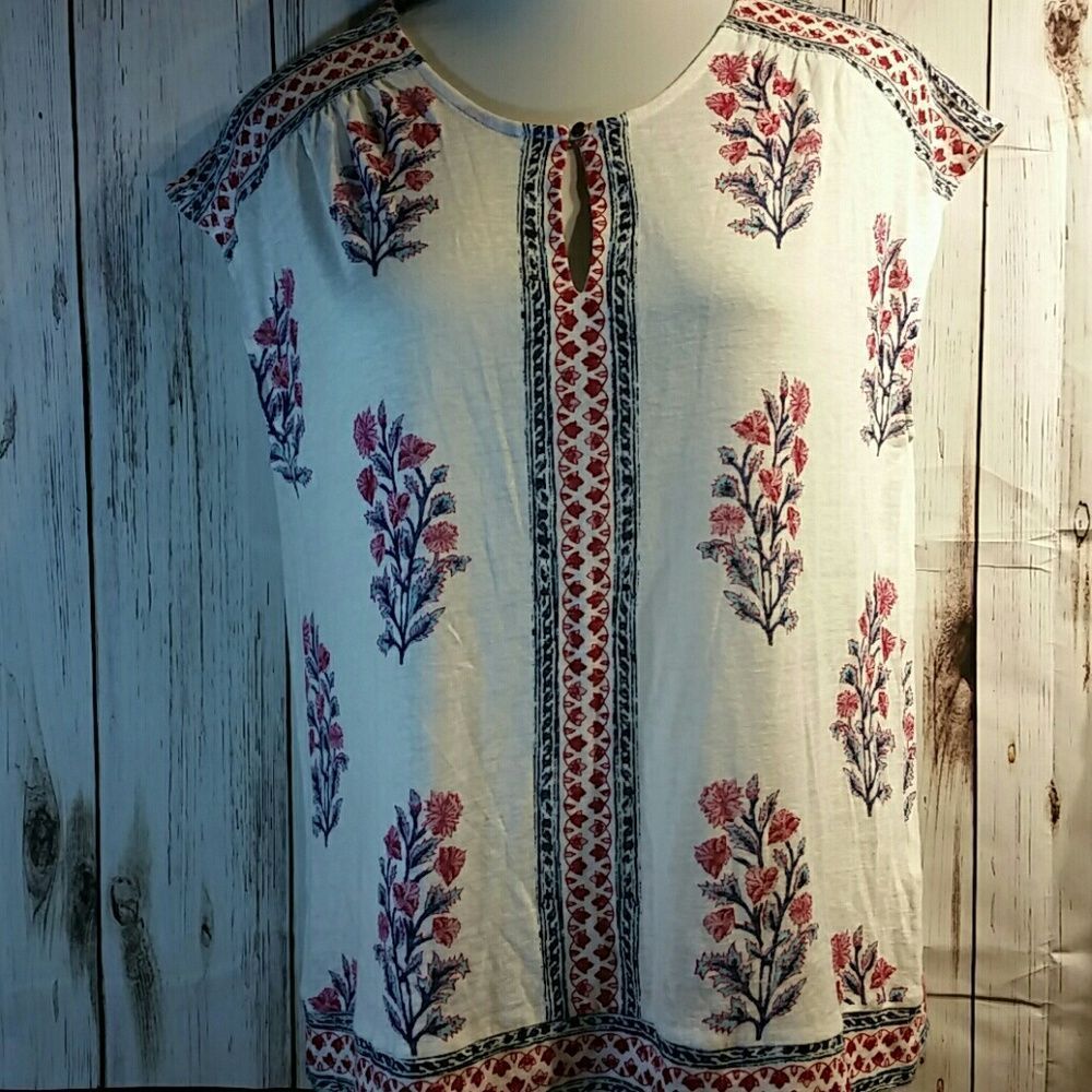 Lucky Brand White Blouse with Pink and Blue Floral Print
